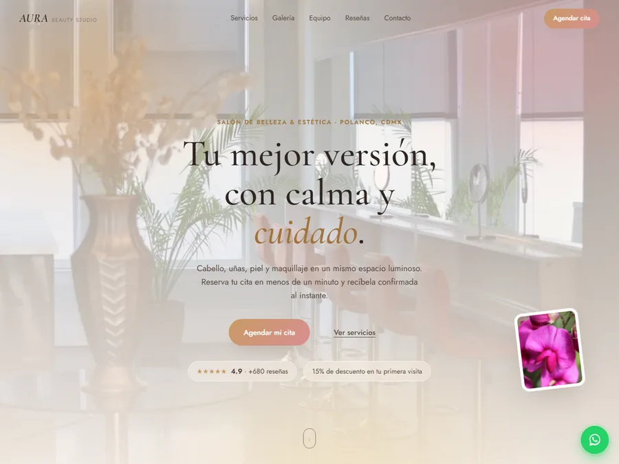 Página web de un salón de belleza, capturada en vivo