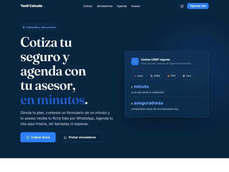 Página web de un asesor de seguros, capturada en vivo